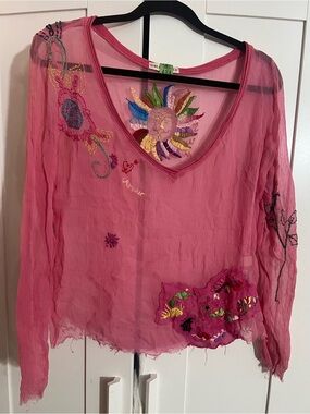 Replay Silk Pink Sheer V-Neck Embroidered Long Sleeve Top